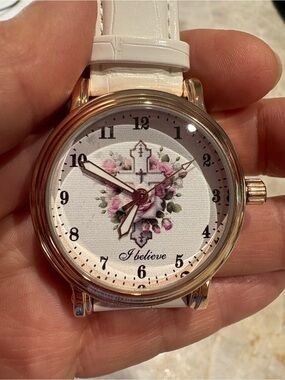 White Floral Cross Women's Watch